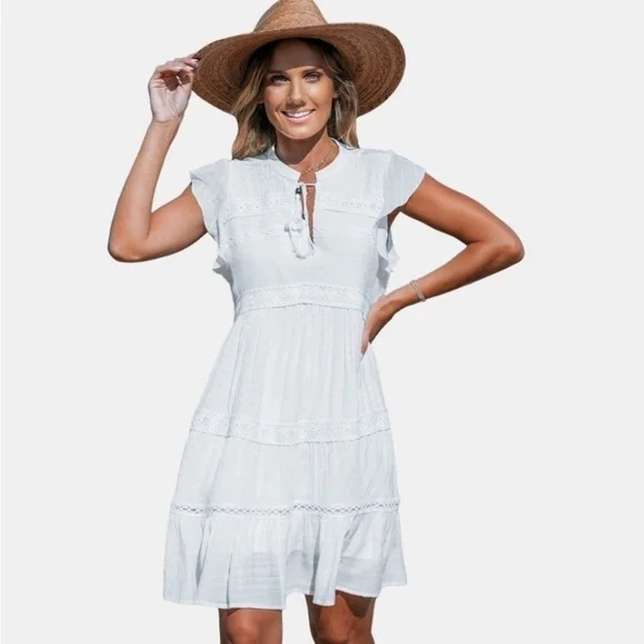 Women's White Split Neck Tassel Tie Lace
Mini Dress - new - Picture 1 of 10